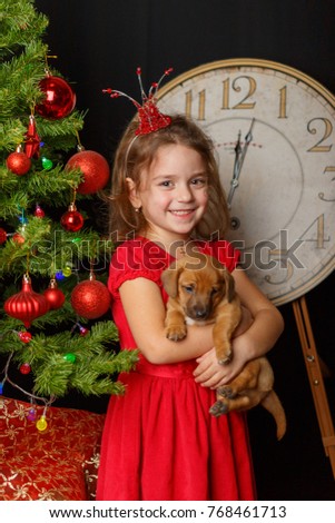 Christmas. A girl in a red dress and crown with puppy near the New Year tree. in the background big clock