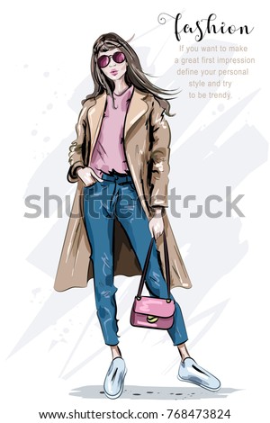Fashion model posing. Beautiful young woman in coat. Fashion woman with bag. Hand drawn girl in sunglasses. Sketch. Vector illustration.