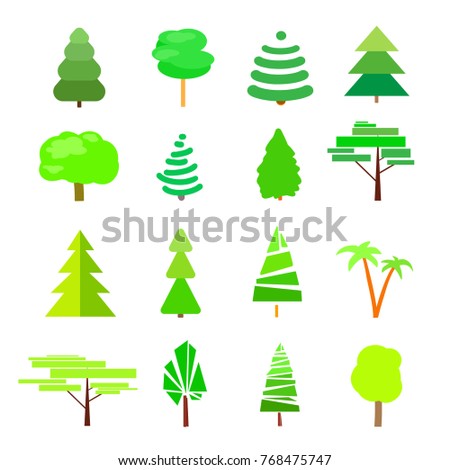 Happy New Year. Green trees and christmas trees. Set for icons on isolated background. Geometric art. Universal templates collection for trendy design