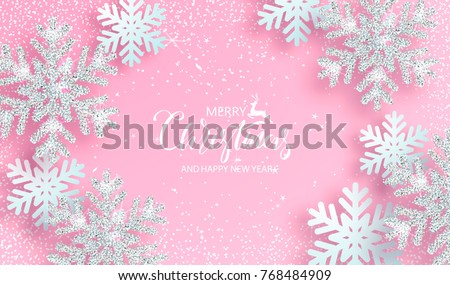 Christmas poster with shiny silver snowflakes on a pink background. Vector illustration