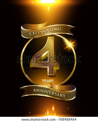 4 years anniversary logo with shiny ribbon and golden ring isolated on black background