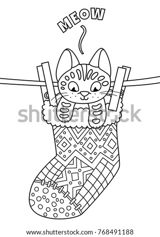 Outlined doodle anti-stress coloring cute cat in the sock. Coloring book page for adults and children