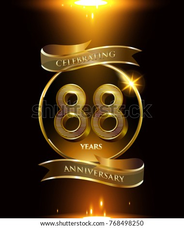 88 anniversary logo with golden ring and ribbon colored isolated on black background, vector design for party greeting card and invitation card. celebration logotype template