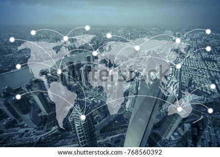 world map with network and connection concept with cityscape as background, business concept, vintage style process