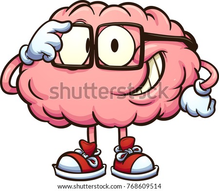 Nerdy cartoon brain adjusting glasses. Vector clip art illustration with simple gradients. All in a single layer. 
