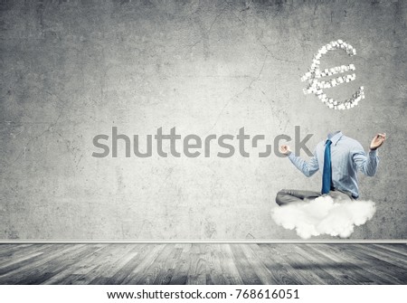 Meditating businessman with euro sign instead of his head