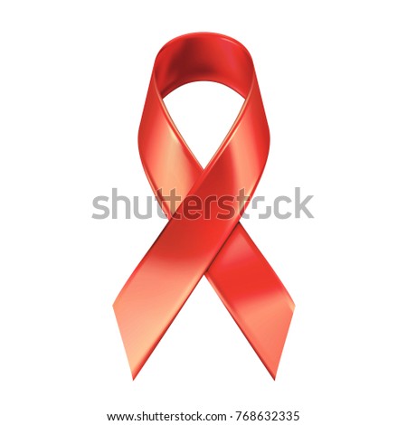 Realistic red ribbon, breast cancer awareness symbol, 4 february world cancer day isolated on white. Vector illustration, eps10.