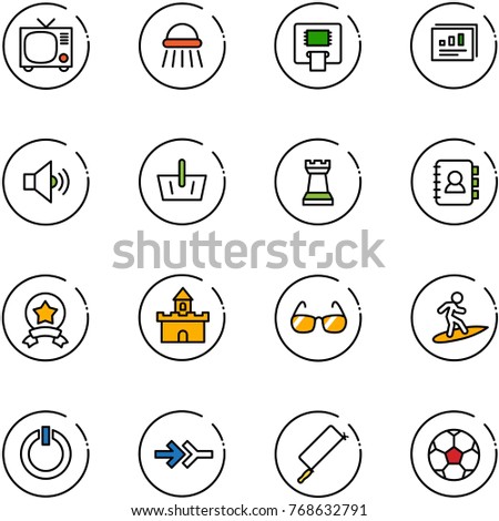 line vector icon set - tv vector, shower, atm, statistics report, volume medium, basket, chess tower, contact book, star medal, sand fort, sunglasses, surfing, standby button, connect, metal hacksaw