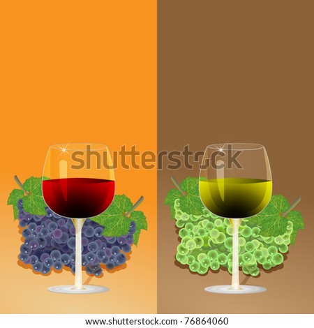 Glass of red and white wine with grape in the background
