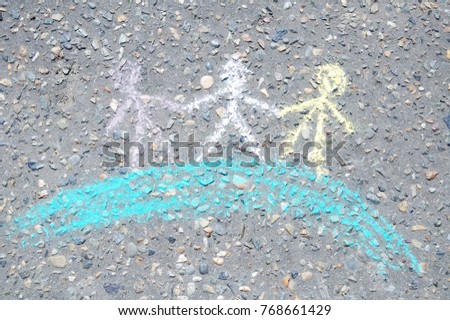 Globe kids painted with chalks on asphalt, international friendship day, 
figure sign sketched on the earth outdoor by children while walking in the park