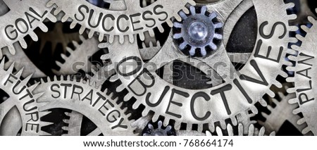 Macro photo of tooth wheel mechanism with OBJECTIVES concept related words imprinted on metal surface Royalty-Free Stock Photo #768664174