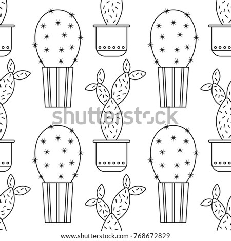Black and white seamless pattern of cacti and succulents for coloring books, pages.