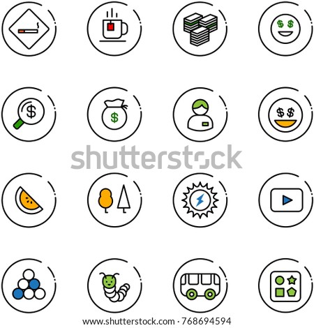 line vector icon set - smoking area sign vector, tea, big cash, dollar smile, money search, bag, manager, watermelone, forest, sun power, playback, billiards balls, toy caterpillar, bus, cube hole