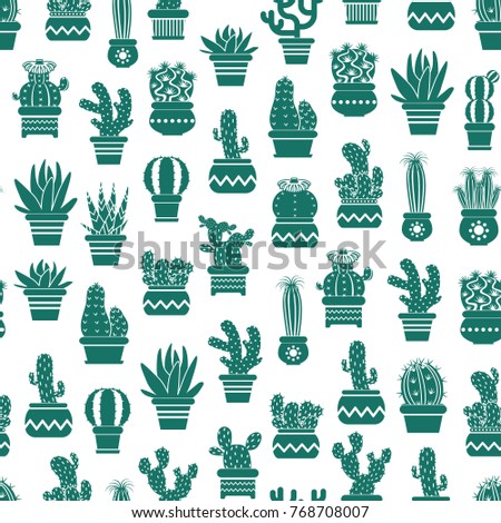 Vector monochrome pattern with cacti in plant pots. Cactus and houseplant seamless botanical pattern