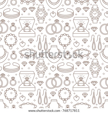 Jewelry seamless pattern, line illustration. Vector flat icons of jewels accessories - gold engagement rings, diamond, pearl necklaces, charms, watches. Fashion store repeated background. Royalty-Free Stock Photo #768717811