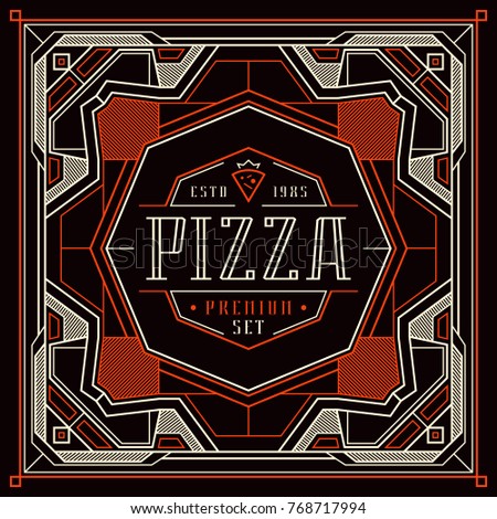Stock vector design cover for pizza boxes. Vintage frame for logo, emblem and sticker. Color print on black background