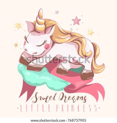 Cute unicorn, sleeping, dreaming on a mint color cloud with pink ribbon, beautiful stars and lettering, typography. Hand drawn doodle illustration of little princess unicorn baby. Nursery illustration