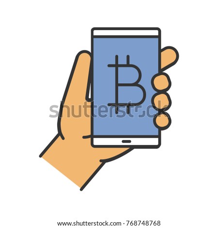 Bitcoin digital wallet color icon. Hand holding smartphone with bitcoin sign. Isolated raster illustration