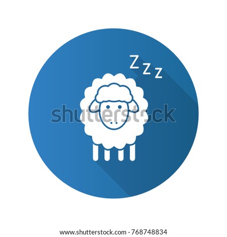 Sleeping sheep flat design long shadow glyph icon. Counting sheep to sleep. Raster silhouette illustration