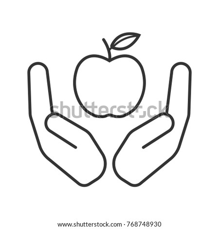 Open palms with apple linear icon. Organic food. Thin line illustration. Eco products. Contour symbol. Raster isolated outline drawing