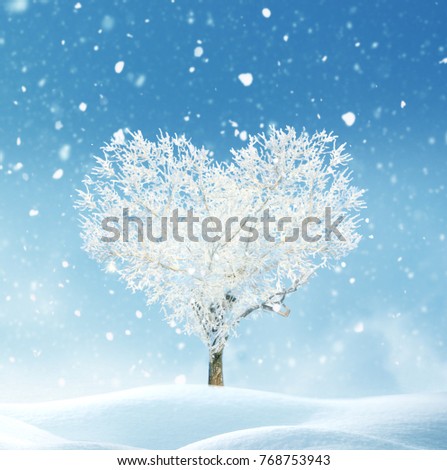 Christmas background with snow Happy new year greeting card with copy-space.Tree of love.Tree of love in winter.Beautiful landscape with heart shaped tree .Love bacground