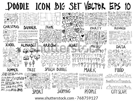MEGA set of doodles vector. Super collection of Christmas, ribbon, frame, heart, party, business, school, alphabet, arrow, music, info, summer, tree, bubble, mark, food, 2018, sport, shop, human, city Royalty-Free Stock Photo #768759127
