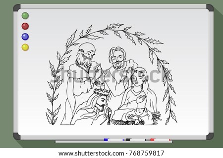 Christmas card. Mary and Joseph with the baby Jesus in Bethlehem. Hand drawn vector illustration