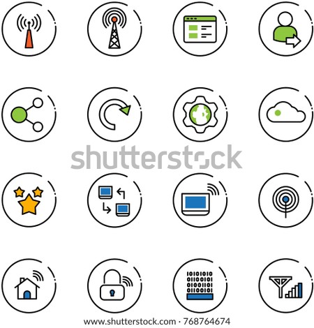 line vector icon set - antenna vector, website, user login, share, redo, gear globe, cloud, stars, data exchange, notebook wi fi, wireless home, lock, binary code, fine signal