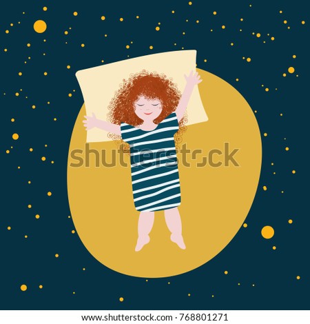 Cute girl lying on the moon. Fantasy illustration. Flat  cartoon.