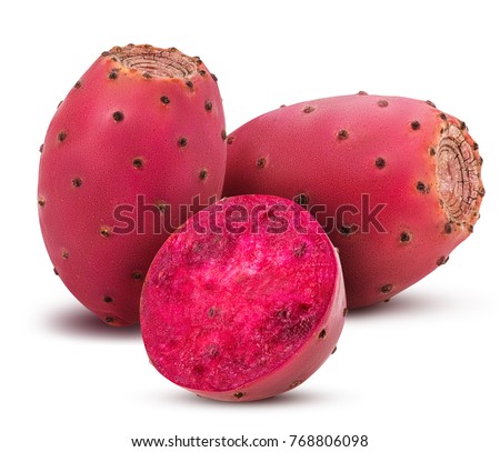 Two red opuntia, one cut in half isolated on white background. Clipping Path. Full depth of field. Royalty-Free Stock Photo #768806098
