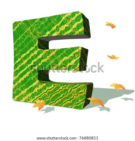 Green ecological E capital letter surrounded by few autumn falling leaves in a white background with shadows