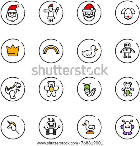 line vector icon set - santa claus vector, dog, crown, rainbow, duck toy, robot, dinosaur, bear, caterpillar, unicorn stick, monster