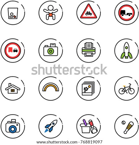 line vector icon set - trash vector, baby, road for moto sign, no trailer, truck overtake, camera, printer, rocket, home, rainbow, photo, bike, shovel bucket, baseball bat