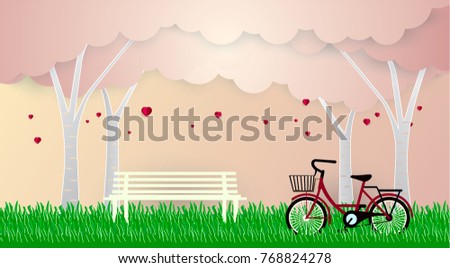 Vector illustration Bicycle in the garden with colorful hot air balloon heart sharp.origami and .paper art graphic design