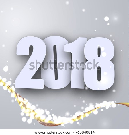 New Year card with the number 2018. Twinkling snow particles with glow  bokeh and golden wave  on a gray background.