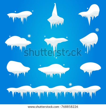 Snow caps, snowballs and snowdrifts set. Winter decoration element.  template in cartoon style for your design. Snowfall and snowflakes in motion.