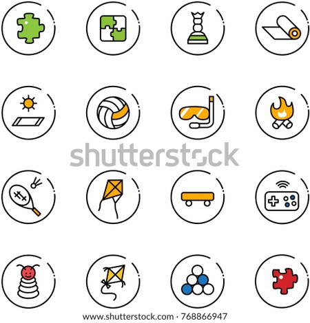 line vector icon set - puzzle vector, chess queen, mat, volleyball, diving, fire, badminton, kite, skateboard, joystick wireless, pyramid toy, billiards balls
