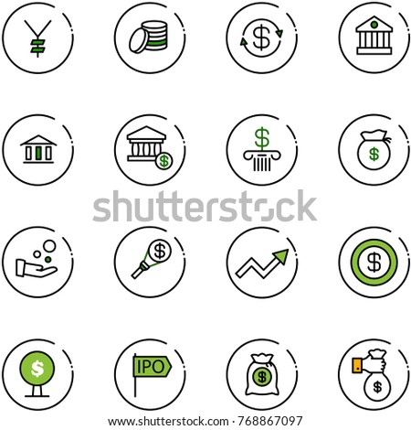line vector icon set - yen vector, coin, dollar exchange, bank, account, money bag, cash pay, torch, growth arrow, tree, ipo, rich