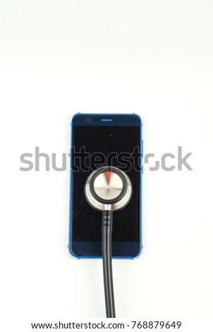 Medical technology concept or Phone repair and service concept. Smart phone and stethoscope on white background.