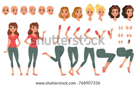 Pretty young woman constructor in flat style. Parts of body legs and arms , face emotions, haircuts and hands gestures. Vector cartoon girl character Royalty-Free Stock Photo #768907336