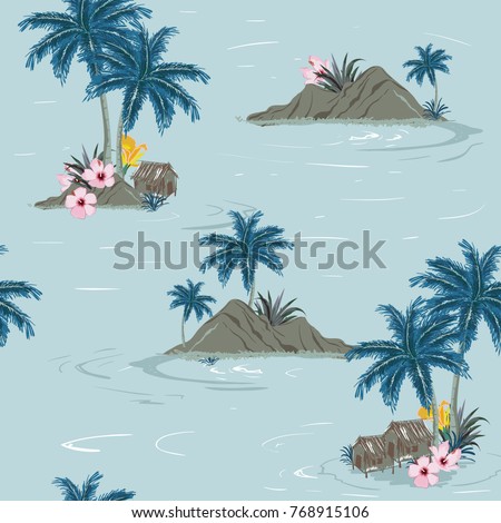 Beautiful seamless tropical island pattern on sky blue background. Landscape with palm trees,beach and ocean vector hand drawn style.