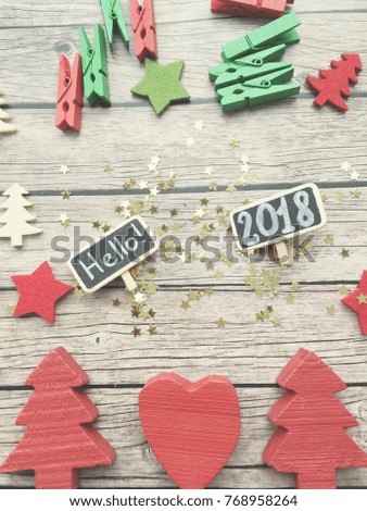 glitter stars on wooden background with 2018 chalkboards. Rustic 2018. 
