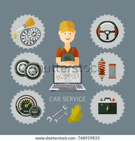 vector flat car service infographic poster with man professional mechanic, car parts repairing process, tools, equipment and laptop with growing performance graph. Illustration on grey background.