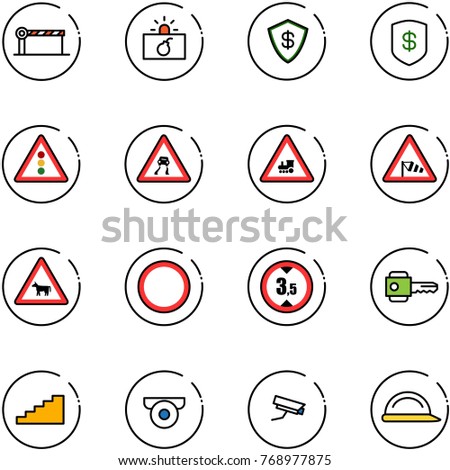 line vector icon set - barrier vector, terrorism, safe, traffic light road sign, slippery, railway intersection, side wind, cow, prohibition, limited height, key, stairs, surveillance camera
