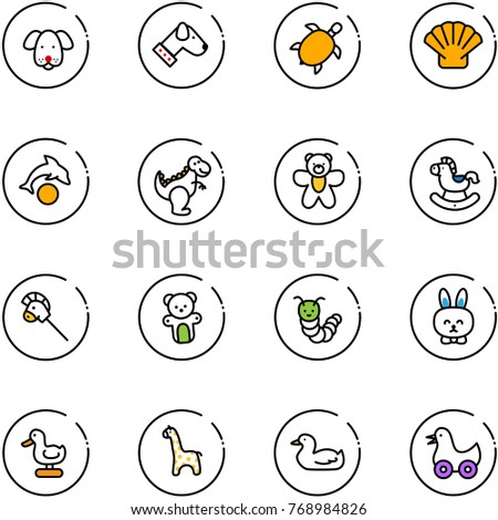 line vector icon set - dog vector, sea turtle, shell, dolphin, dinosaur toy, bear, rocking horse, stick, caterpillar, rabbit, duck, giraffe