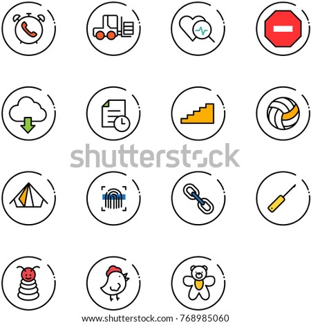 line vector icon set - phone alarm vector, fork loader, heart diagnosis, no way road sign, download cloud, history, stairs, volleyball, tent, fingerprint scanner, link, awl, pyramid toy, chicken