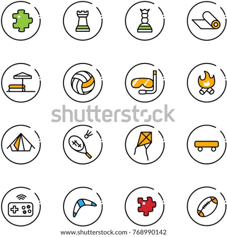 line vector icon set - puzzle vector, chess tower, queen, mat, inflatable pool, volleyball, diving, fire, tent, badminton, kite, skateboard, joystick wireless, boomerang, football