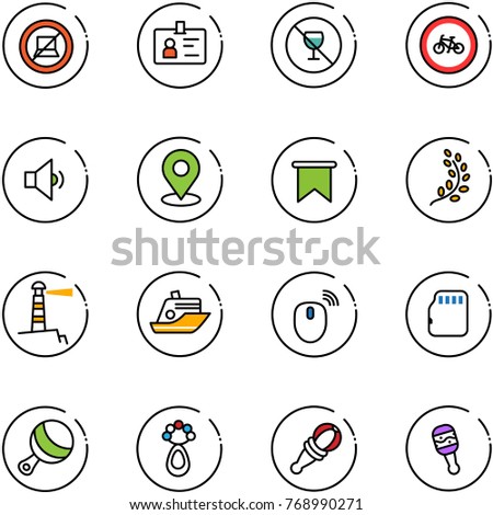 line vector icon set - no computer sign vector, identity, alcohol, bike road, low volume, map pin, flag, golden branch, lighthouse, cruiser, mouse wireless, micro flash card, beanbag