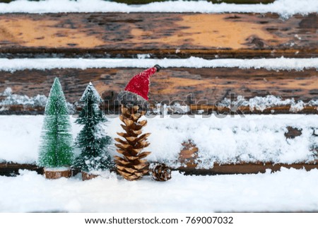Christmas Pine Trees and Fir Cone with Christmas Hat  in the Snow
