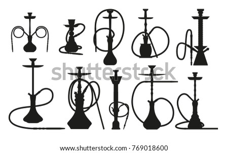 Hookah silhouette set with pipe for smoking tobacco and shisha. Collection isolated on white background. Vector illustration